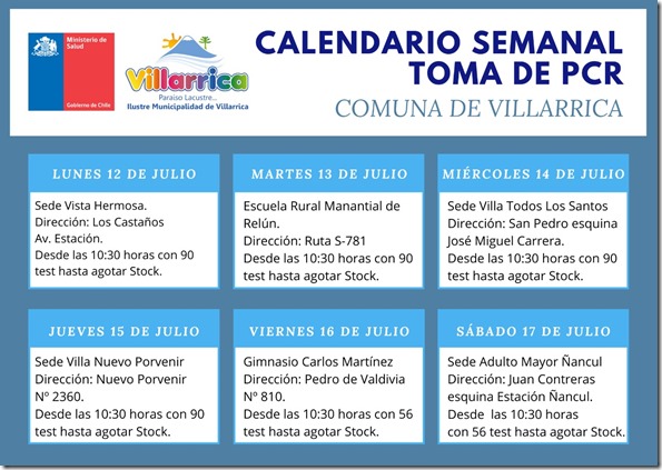 Calendario semanal Toma PCR comuna de Villarrica