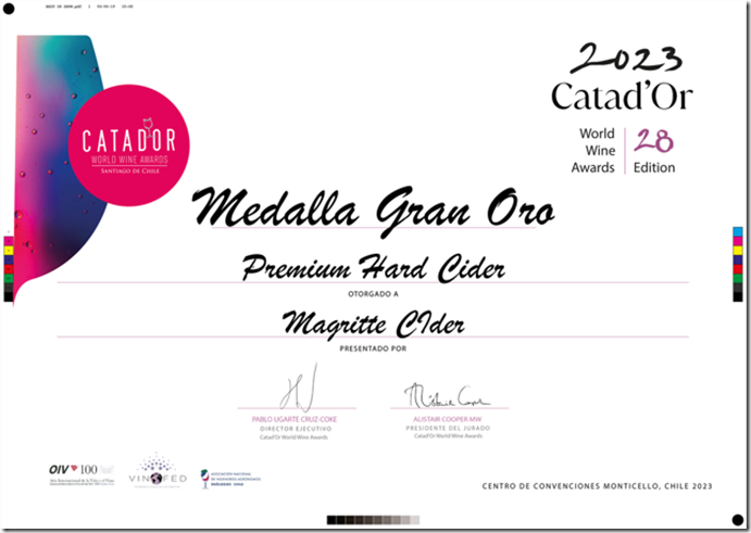 Diploma Catador Gran oro Magritte PHC mejor sidra 2023